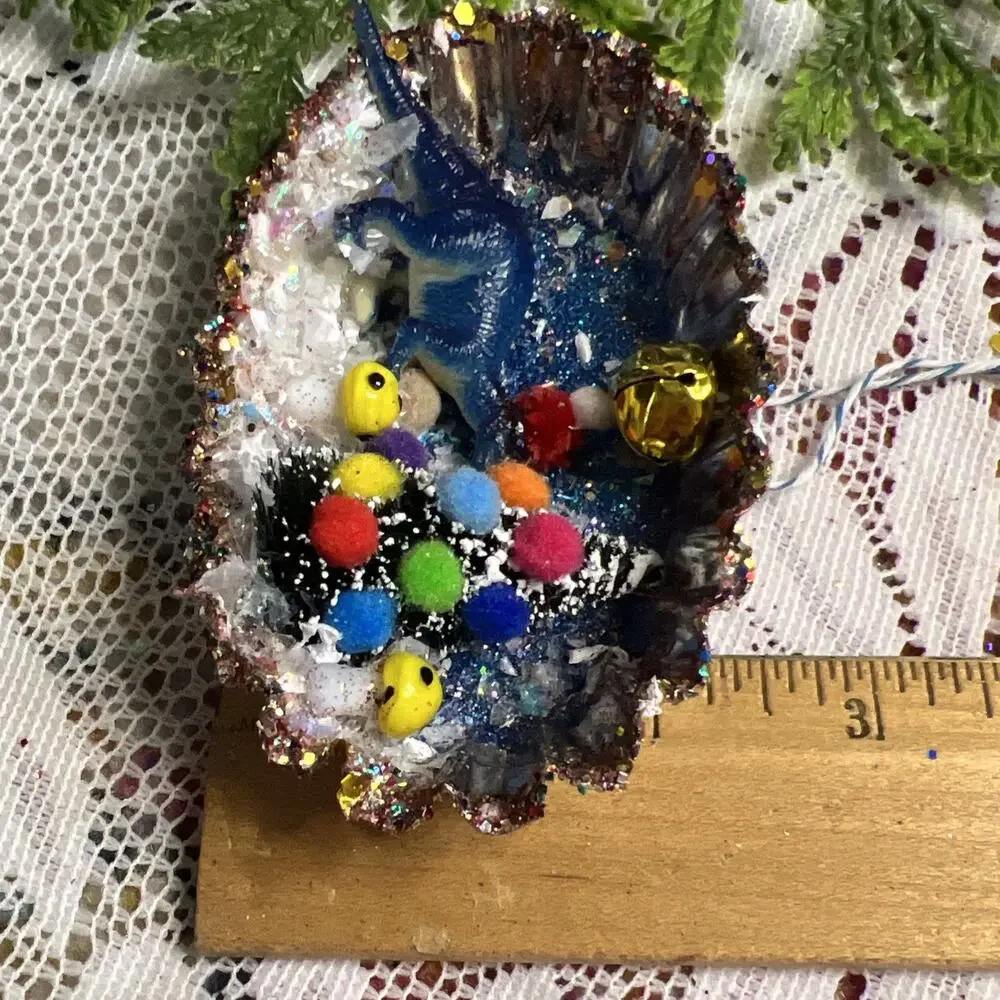 Vintage Oval Tart Tin Dinosaur Tree Diorama Mid Century Style Glitter Ornament